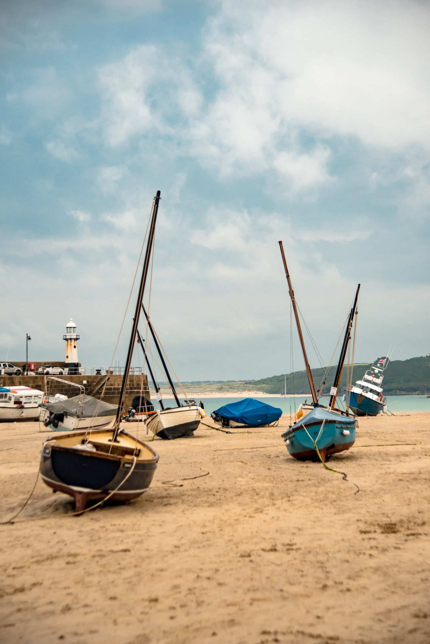 Stationed boats at low tide in St. Ive's - Cornwall, UK